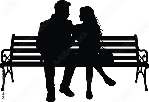 Silhouette of a couple sitting closely together on a park bench looking at each other vector illustration