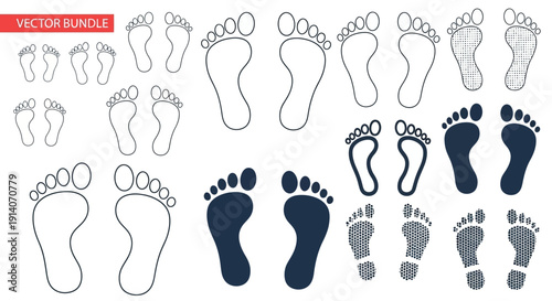 A collection of vector illustrations showing various human feet and footprints in different styles, including outlines and solid silhouettes.