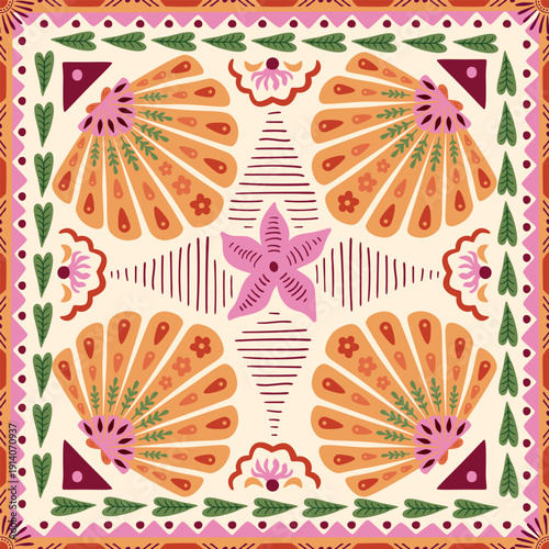 Summer beach tile, scarf, square seamless pattern with seashells, starfish, tribal geometric elements, leaves, stripes, ethnic ornament. Vector tropical vacation background, textile design, wallpaper.