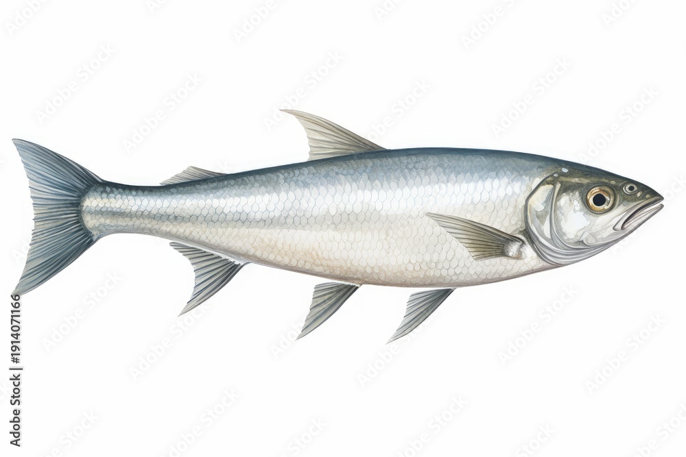 Fototapeta premium Silver fish illustration with detailed scales and fins on a clean white background