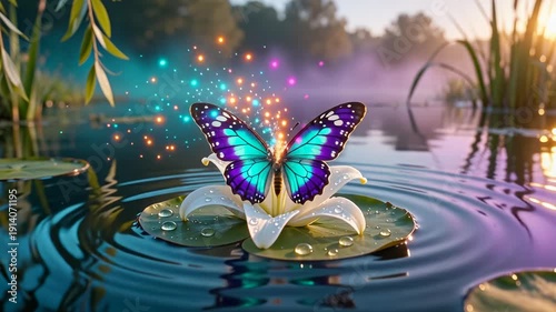 Magical Blue Purple Butterfly on White Water Lily in Misty Pond at Sunrise