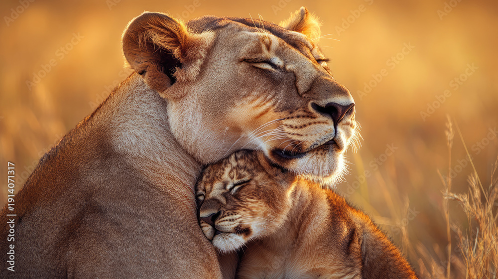 Obraz premium Two lionesses embracing in a tender and heartwarming display of affection. Their eyes are closed, emphasizing a deep connection, and the setting sun casts a warm glow upon them AI Generative