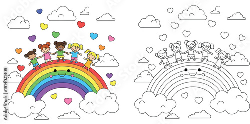 Diverse Happy Kids on a Rainbow with Clouds and Hearts: Friendship and Joy