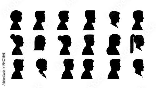 diverse people profiles silhouette representing various ages genders and hairstyles ideal for user interface design and demographic illustration.