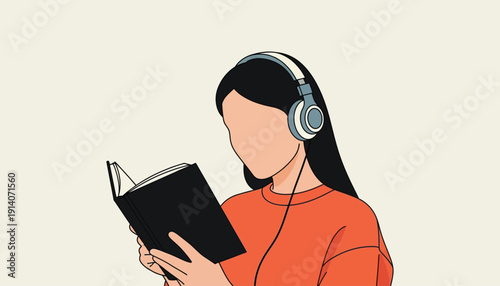 A woman wearing headphones while reading a book