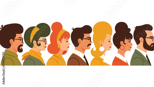 diverse retro characters in profile 1960s-1970s style illustration with distinct hairstyles eyeglasses and vintage fashion design.