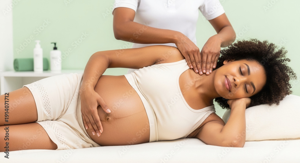 Obraz premium Pregnant African-American woman receiving neck massage in wellness clinic, prenatal care and relaxation therapy