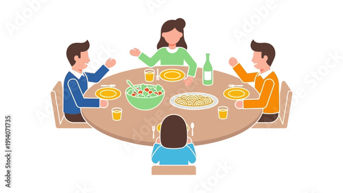 family and friends eating dinner together around a table enjoying a shared meal and social gathering illustrating togetherness.