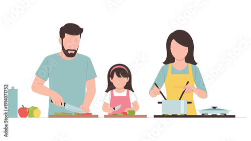 family cooking together in kitchen father and daughter chopping vegetables mother stirring pot illustrating healthy domestic lifestyle.