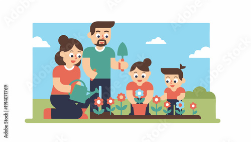 family gardening outdoors parents and children planting and watering colorful flowers under a blue sky representing growth and bonding.