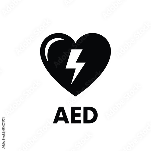 Vector illustration icon black heart with lightning bolt and aed text