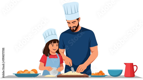 father and daughter in chef hats cooking together sharing a joyful moment of family bonding and culinary learning.