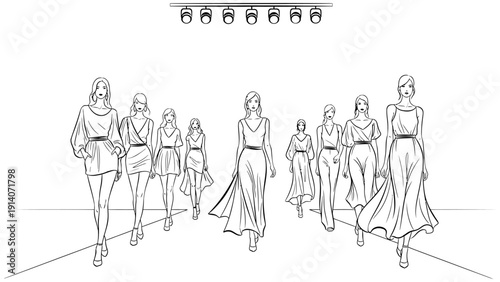 fashion models walking runway showcasing stylish fashion under spotlights in a minimalist line art illustration.