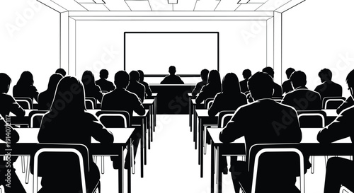 Black and white silhouette of students sitting at desks in a classroom facing a teacher and whiteboard for educational training and seminar background