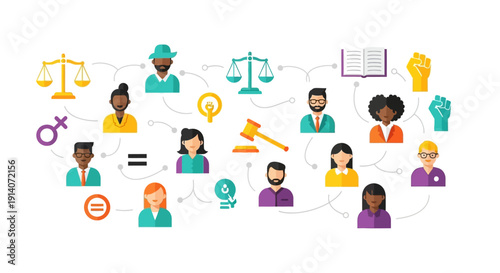 Illustration of diverse people icons connected in a network on World Social Justice Day, representing teamwork and social justice with a vibrant color palette against a clean white