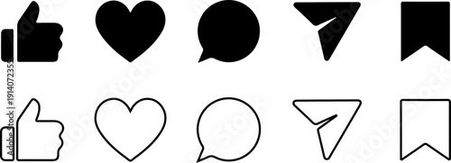 Like, comment, share and save icon set. social media notification icons , social network user interface flat icons, post reactions collection set.