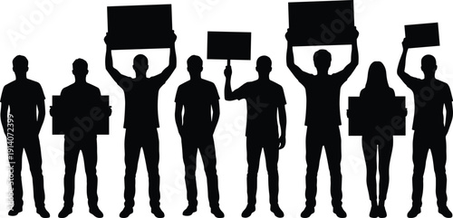 Protesters holding blank banners silhouette, demonstration crowd with placards for social rights activism and public protest concept