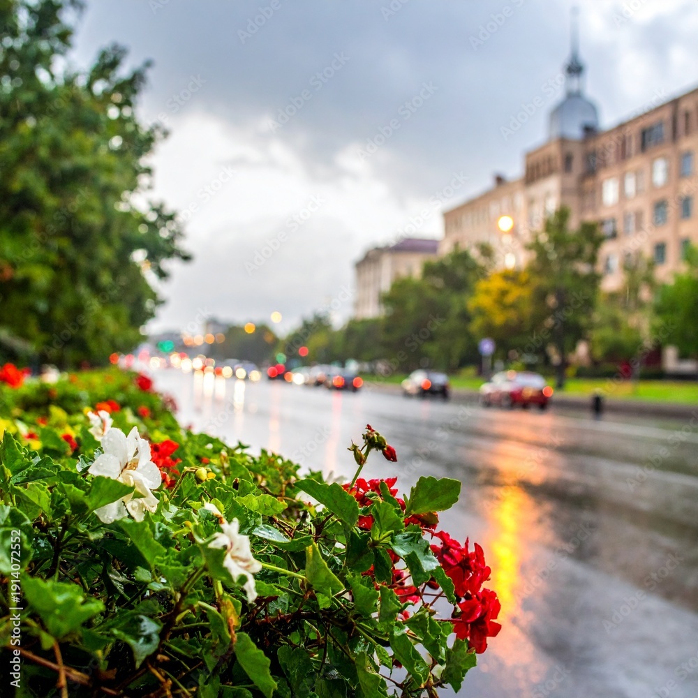 Obraz premium A beautiful wet street in a city with a flowerbed full of white and red flowers, cars driving past, and a building in the background, on a cloudy day
