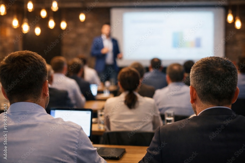 Fototapeta premium Speaker presents to an audience in a conference room
