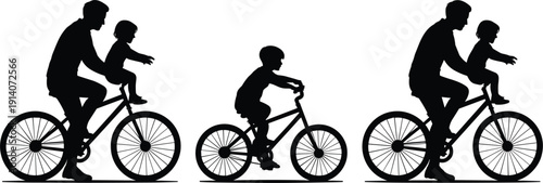 Silhouettes of father and child riding bicycles in a row on a white background vector illustration