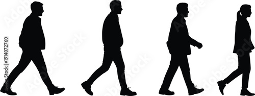 Silhouettes of four men walking in profile against a white background figures