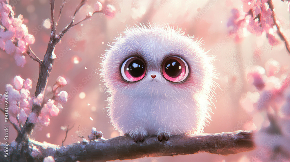 custom made wallpaper toronto digitalA cute fluffy creature with big eyes perched on a branch surrounded by pink blossoms. A whimsical scene. AI Generative