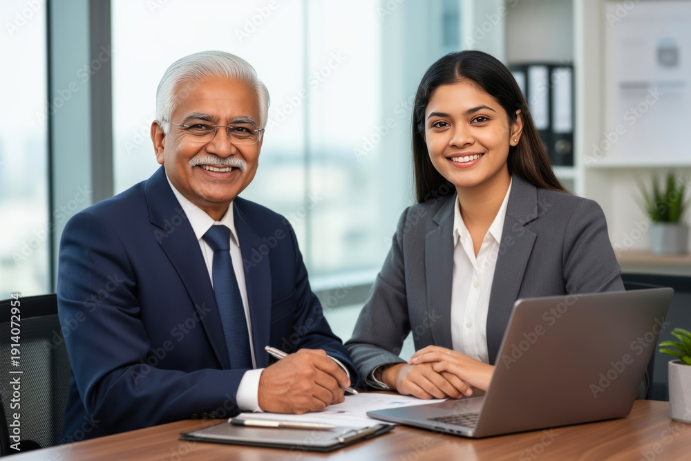 Fototapeta premium Happy senior Indian executive and young Asian female consultant collaborate over laptop and documents in modern city office