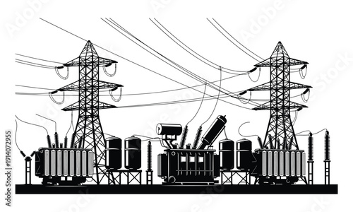 Industrial vector illustration with power lines, transformers, and electricity transmission towers