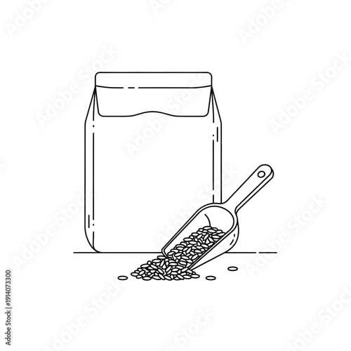 Rice bag with wooden scoop and grains line art icon, cereal packaging vector illustration