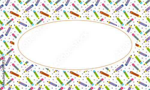 Pencil stationery seamless pattern frame. Colorful pencils with blank oval frame background. Colourful pencils pattern frame vector. School attribute frame design.