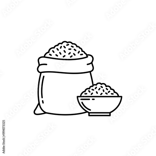 Rice Sack and Bowl Line Art Illustration - Minimalist Grain Icon for Food, Agriculture, and Healthy Eating Design