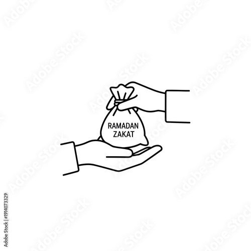 Ramadan Zakat Al-Fitr Icon Giving Rice Bag Charity Line Art Illustration