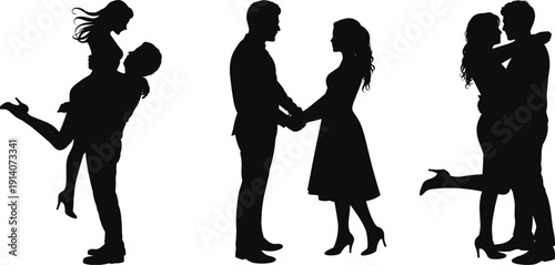 Silhouettes of three romantic couples in various poses of embrace on white background love