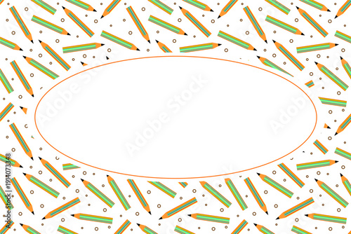 Pencil stationery seamless pattern frame. Colorful pencils with blank oval frame background. Colourful pencils pattern frame vector. School attribute frame design.