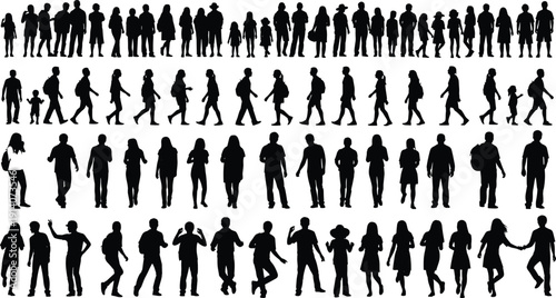 Black silhouettes of diverse people walking, standing, talking, holding hands, carrying bags, backpacks, everyday lifestyle, community interaction, human movement illustration