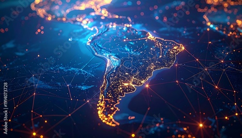 South American continent glows with networked connections in a futuristic, globalized representation on a vibrant blue background