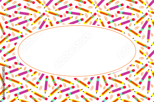 Pencil stationery seamless pattern frame. Colorful pencils with blank oval frame background. Colourful pencils pattern frame vector. School attribute frame design.