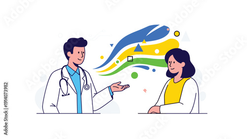 Male doctor in a white coat explains medical information to a female patient with abstract colorful shapes representing ideas between them.