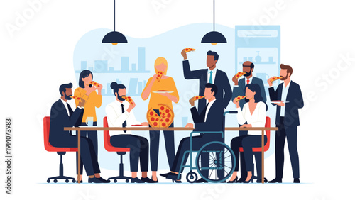 Diverse group of colleagues gather around a long table to enjoy a pizza lunch together in a modern corporate office breakroom environment.