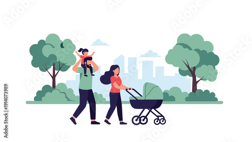 Young parents enjoy a walk in a green city park with their children, featuring a father carrying a toddler and a mother pushing a baby stroller.