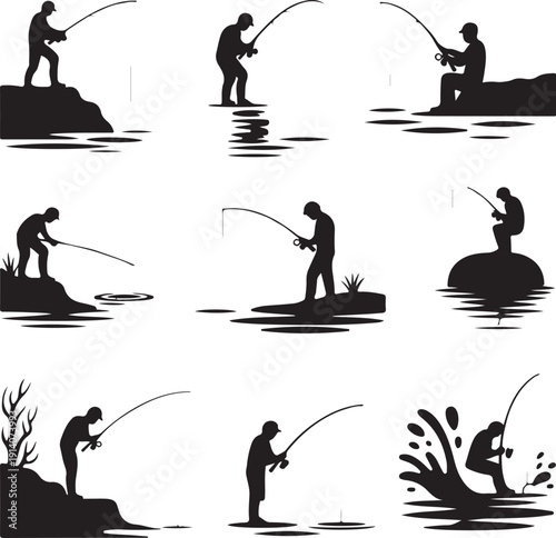 Silhouette of people fishing in various positions on land and in water