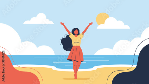 Joyful woman stands on a sunny sandy beach with arms raised in a gesture of freedom and happiness against a beautiful ocean and blue sky.