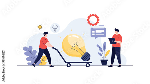 Two male workers push a large glowing light bulb on a cart, symbolizing the effort and process of bringing a creative new idea to reality.