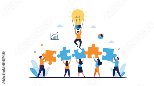 Diverse group of people work together to assemble a puzzle with a central character floating while holding a large glowing light bulb of idea.