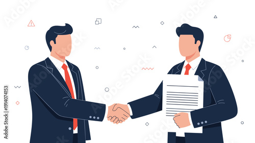 Professional business partners in formal suits shaking hands to seal a contract deal while holding legal document papers.