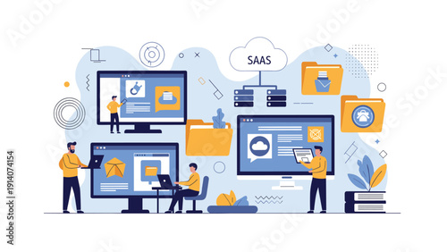 Comprehensive SaaS cloud ecosystem illustration features people interacting with digital screens, folders, and data on various computer monitors.