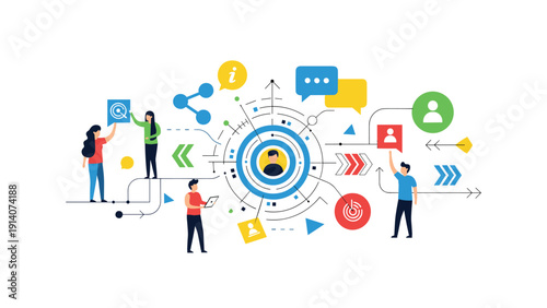 Modern concept of target audience and customer profile with people surrounding a central user icon amidst marketing symbols.