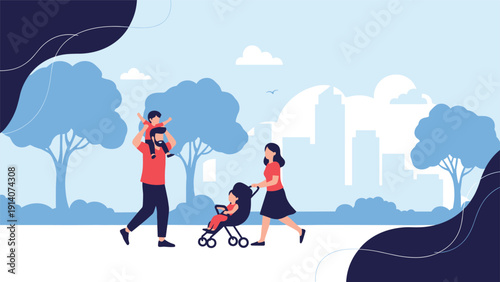 Loving family spending quality time together while walking through a serene city park filled with lush green trees.