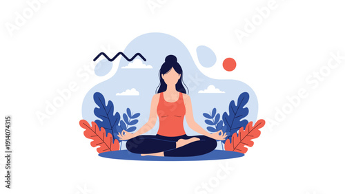 Peaceful woman practicing mindfulness yoga meditation while surrounded by vibrant tropical plants and leaves.