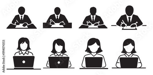 Male and female business professional silhouettes working on laptops. vector illustration eps 10